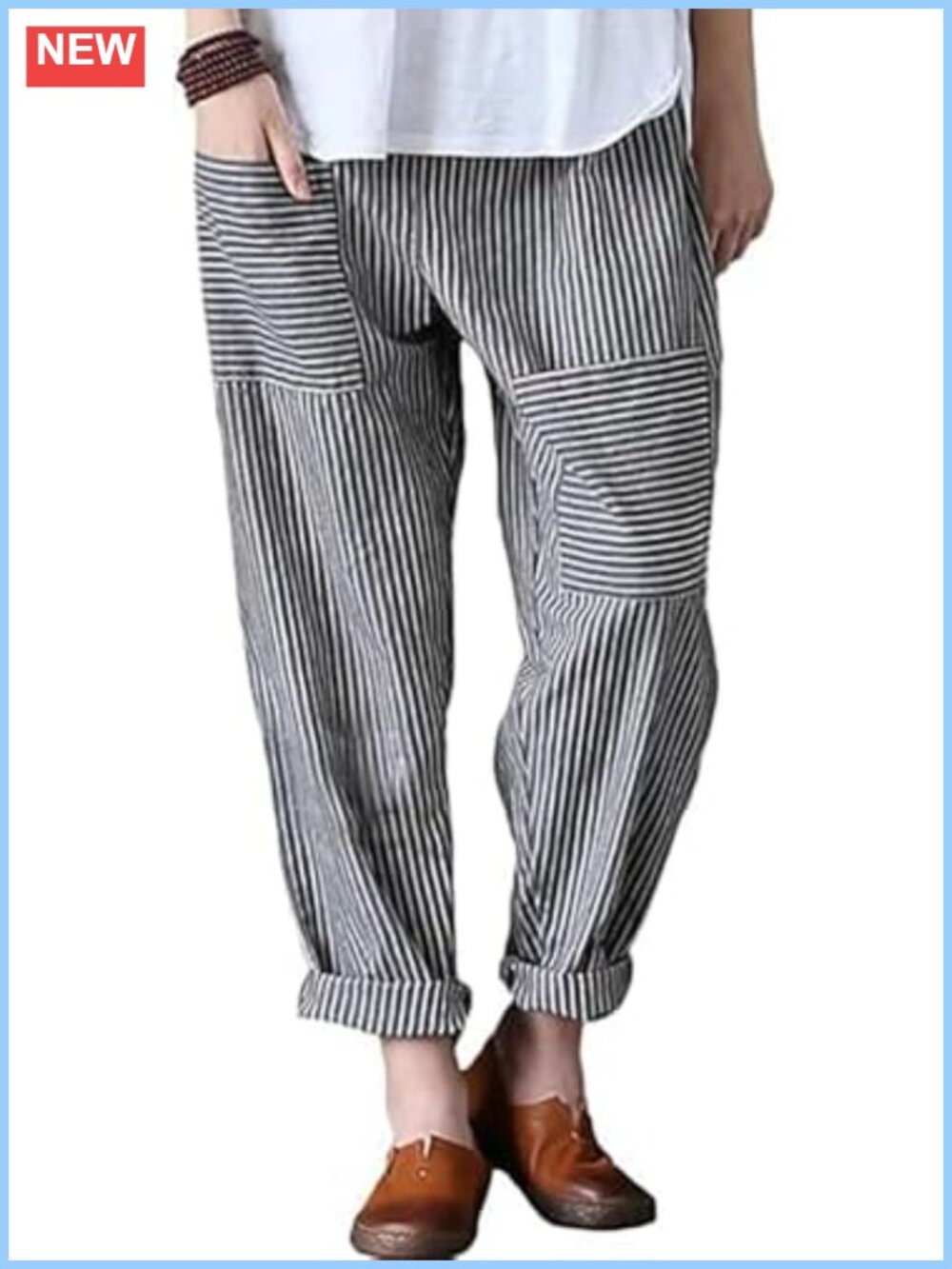 Cotton Linen Striped Wide Leg Harem Pants Baggy Relaxed Fit